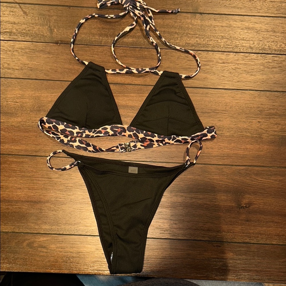SHEIN Black and Brown Bikini with Leopard Accents